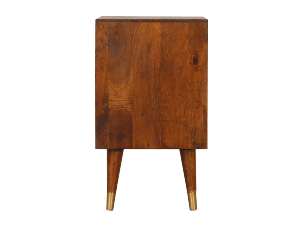Stolik nocny Artisan Furniture Manilla Gold wykonany z litego drewna mango, z 2 szufladami i fornirem w kolorze mosiądzu, złota i brązu.