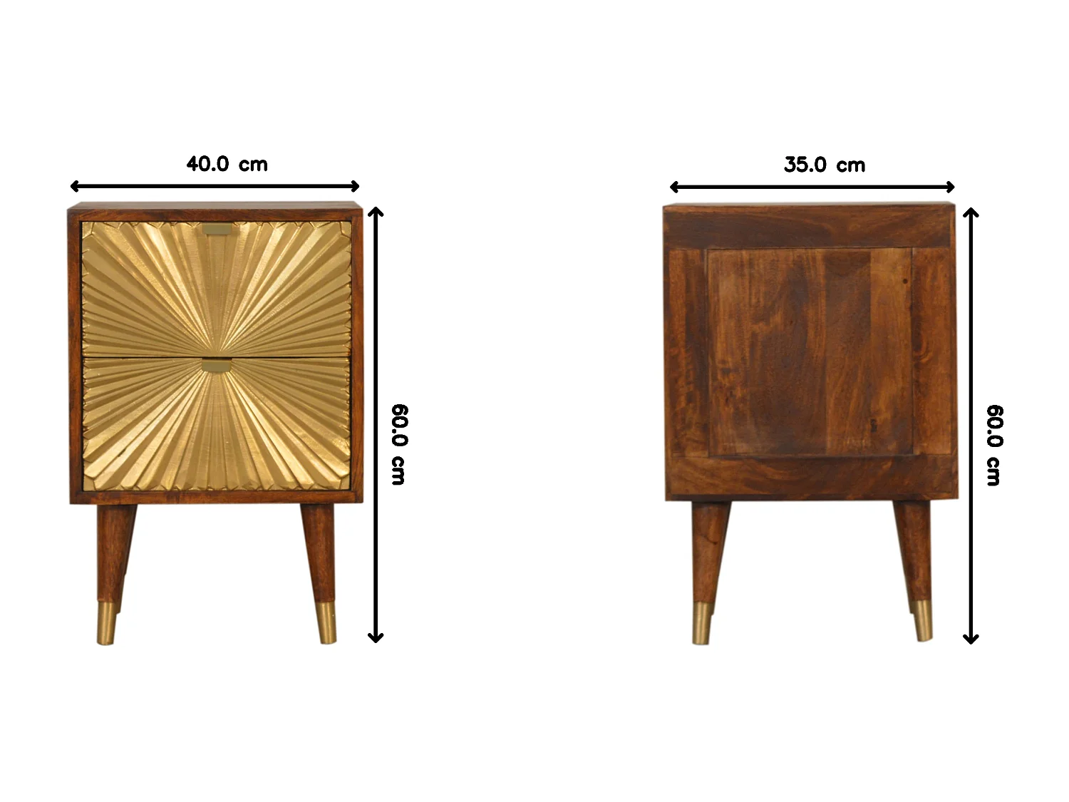 Artisan Furniture Table de chevet Manilla Gold en bois massif de manguier, 2 tiroirs plaqués laiton, doré et marron