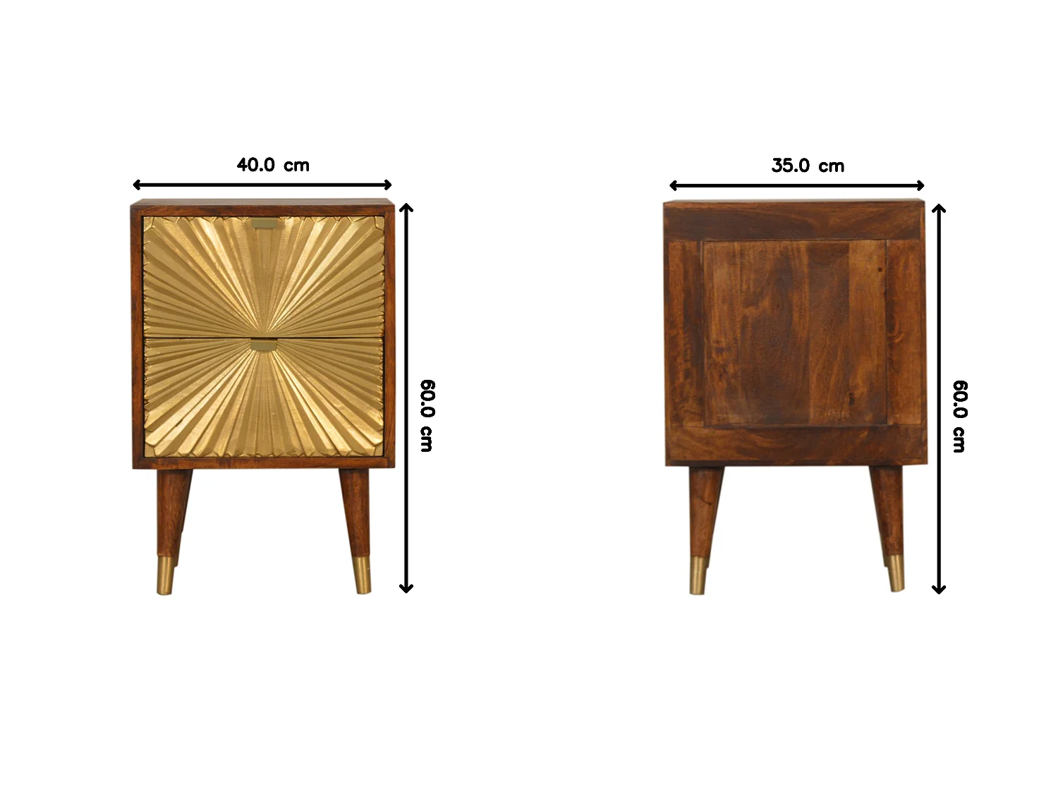 Stolik nocny Artisan Furniture Manilla Gold wykonany z litego drewna mango, z 2 szufladami i fornirem w kolorze mosiądzu, złota i brązu.