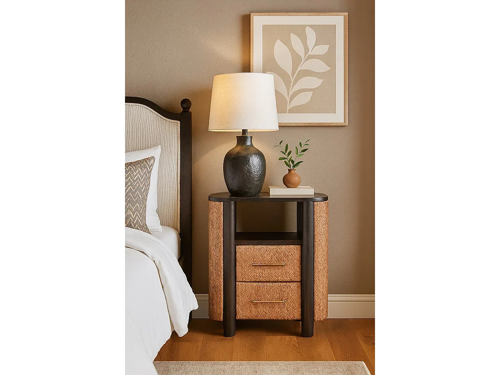 Artisan Furniture Table de chevet Havana en bois massif de manguier, 2 tiroirs, 1 étagère ouverte, marron foncé