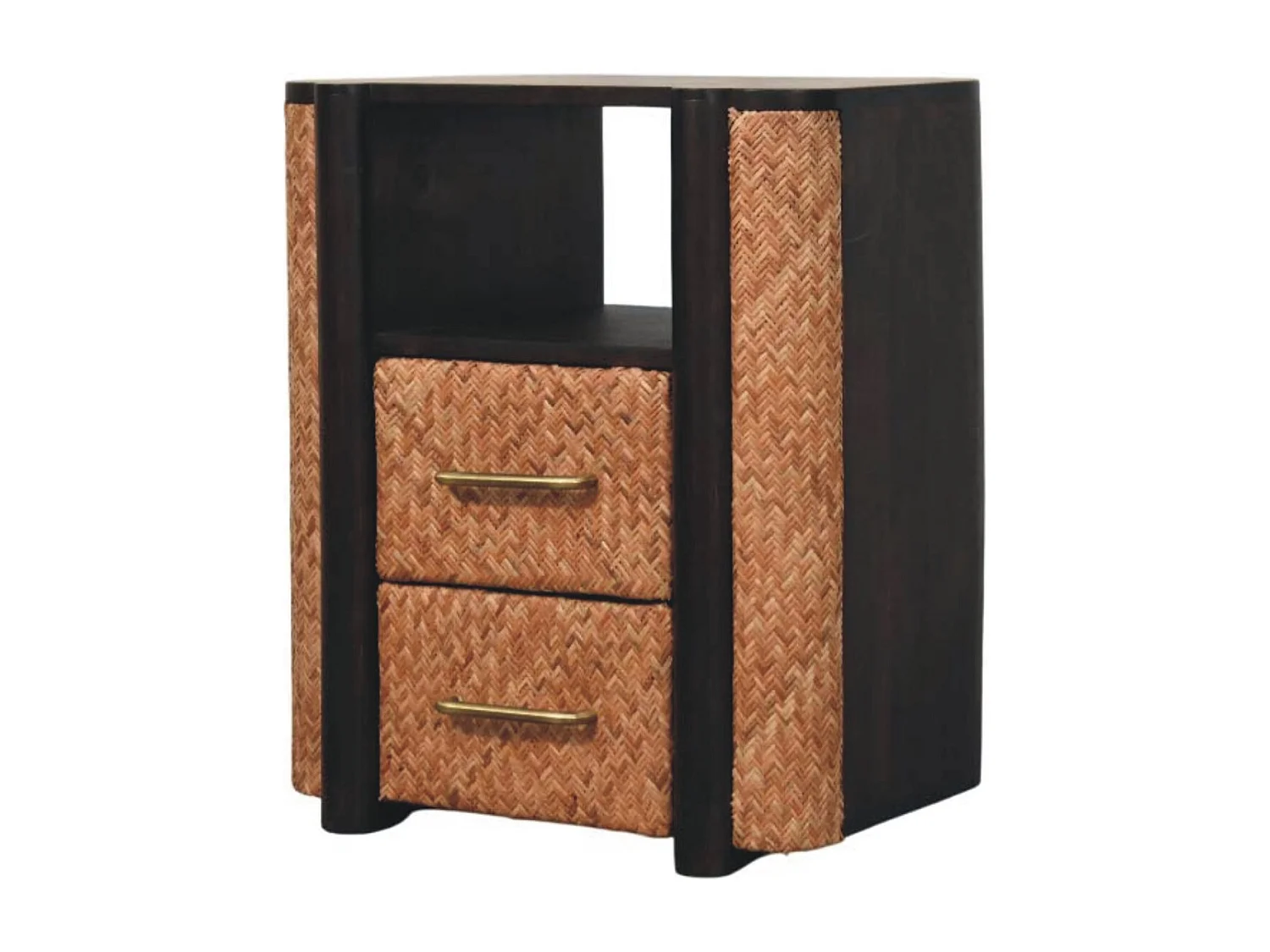 Artisan Furniture Table de chevet Havana en bois massif de manguier, 2 tiroirs, 1 étagère ouverte, marron foncé