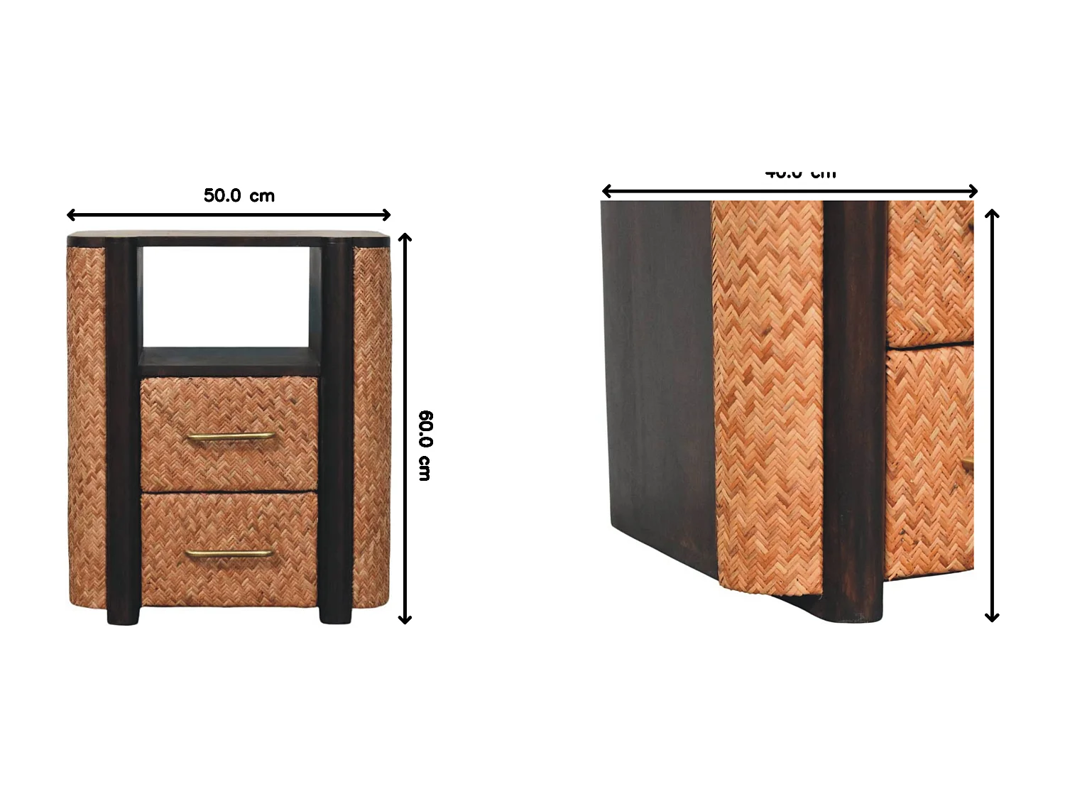 Artisan Furniture Table de chevet Havana en bois massif de manguier, 2 tiroirs, 1 étagère ouverte, marron foncé