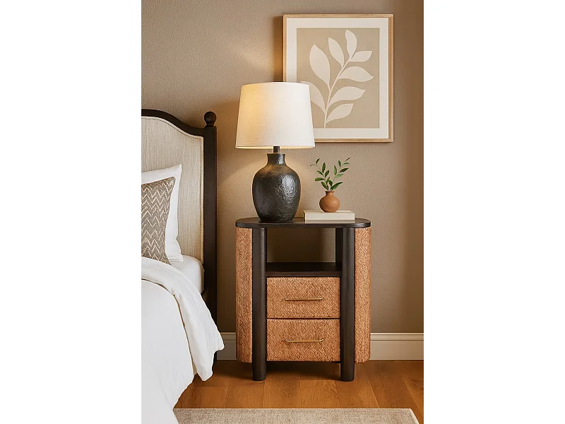 Artisan Furniture Table de chevet Havana en bois massif de manguier, 2 tiroirs, 1 étagère ouverte, marron foncé