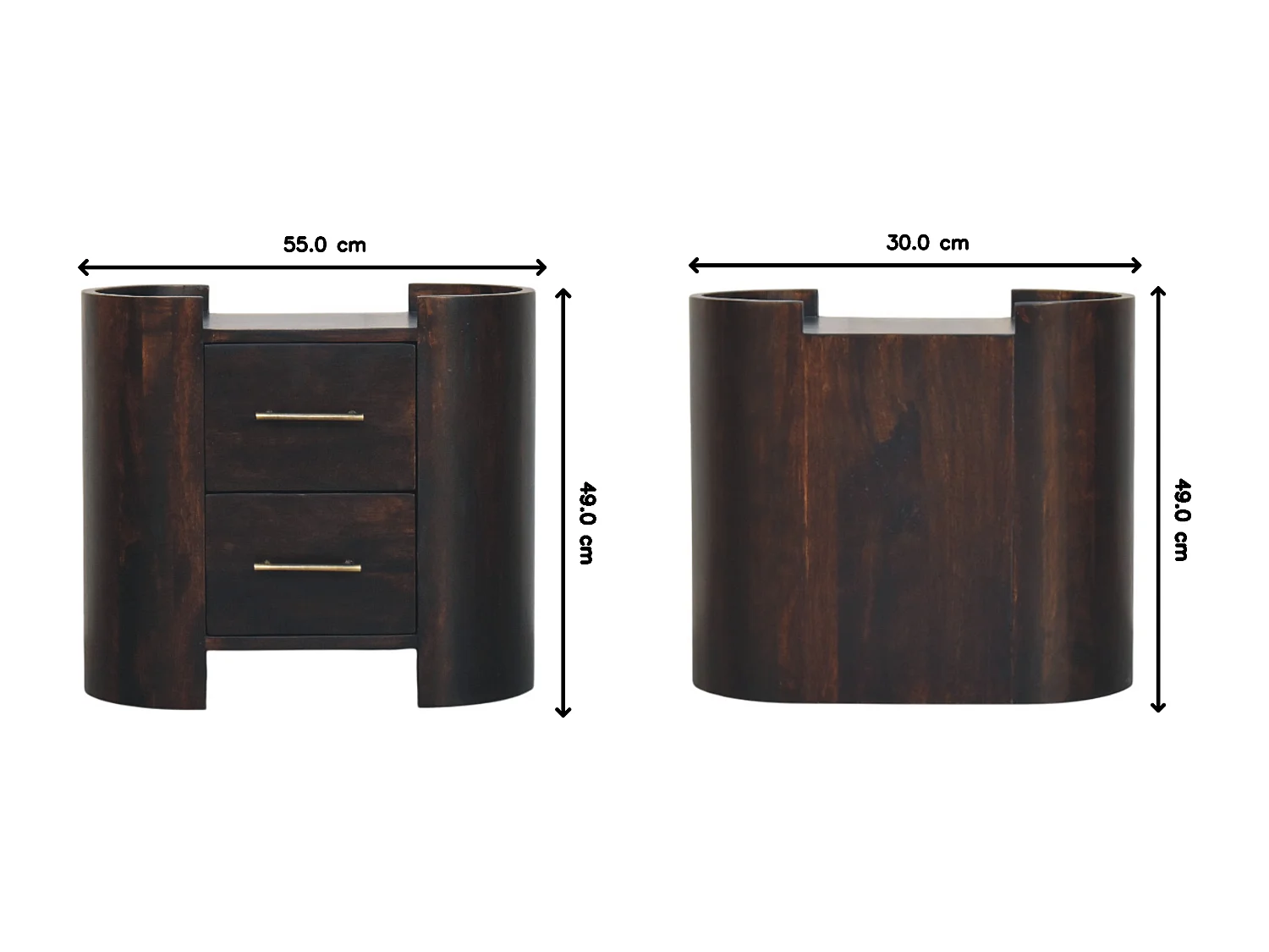 Artisan Furniture Nachttisch Valencia mit zwei Schubladen aus massivem Mangoholz, T-Griffen, dunkelbraun