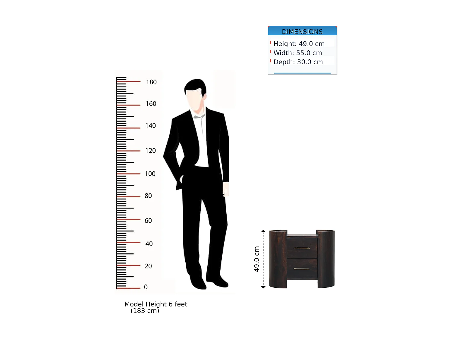 Artisan Furniture Nachttisch Valencia mit zwei Schubladen aus massivem Mangoholz, T-Griffen, dunkelbraun