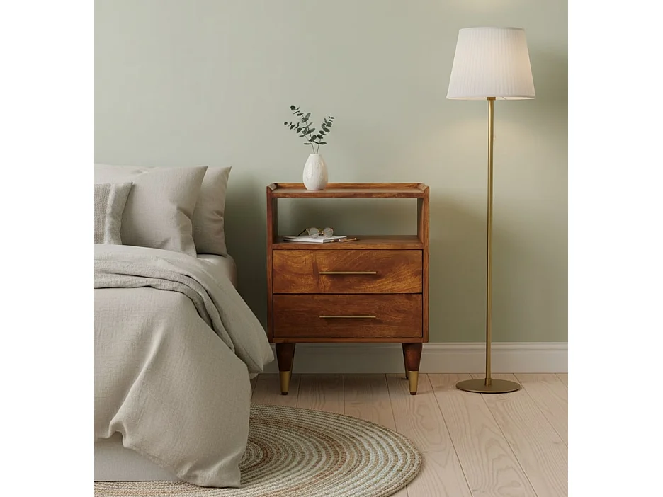 Artisan Furniture Nachttisch Valencia mit offenem Rahmen aus massivem Mangoholz, 2 Schubladen, 1 offenes Regal, braun