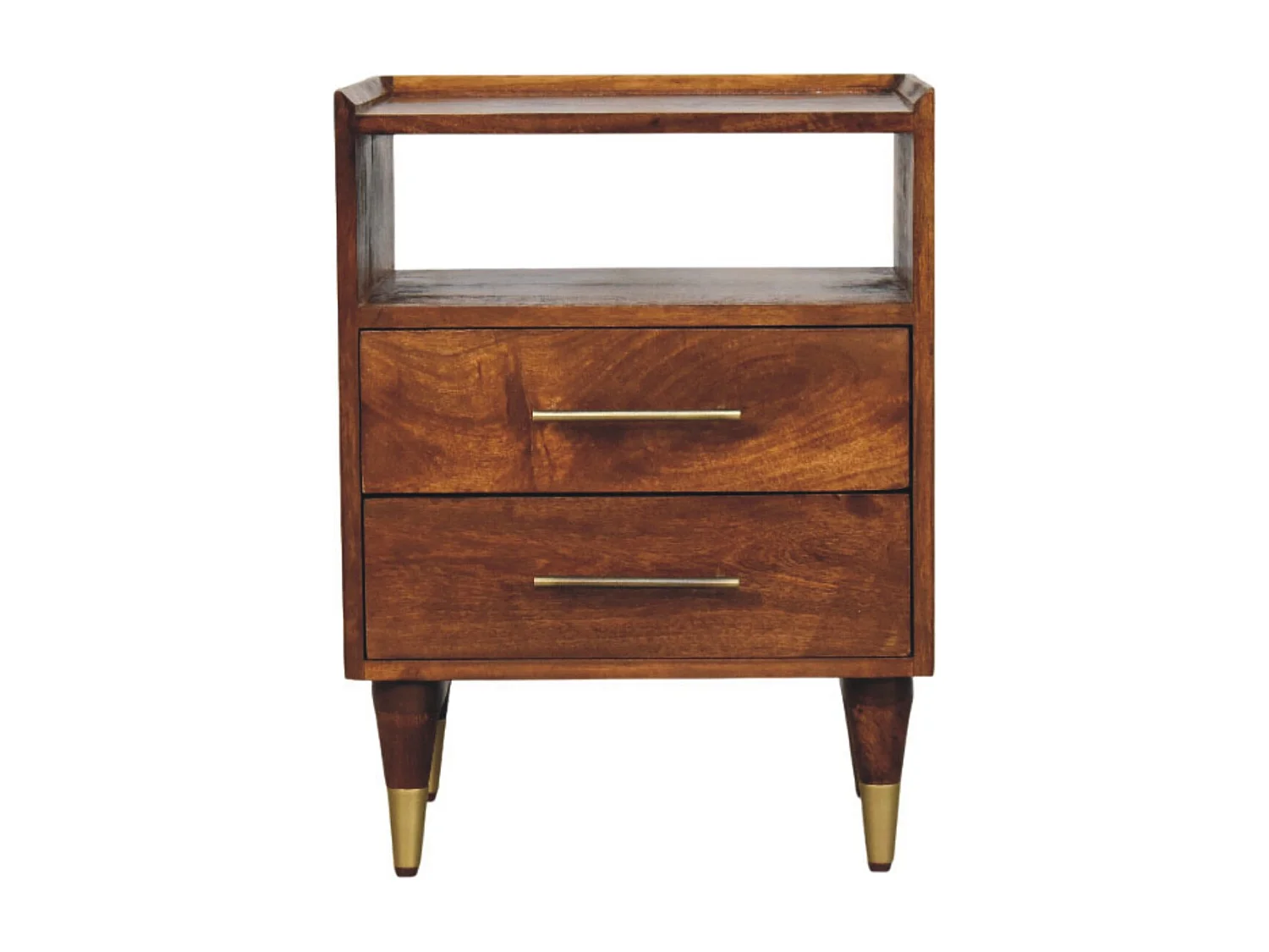 Artisan Furniture Nachttisch Valencia mit offenem Rahmen aus massivem Mangoholz, 2 Schubladen, 1 offenes Regal, braun