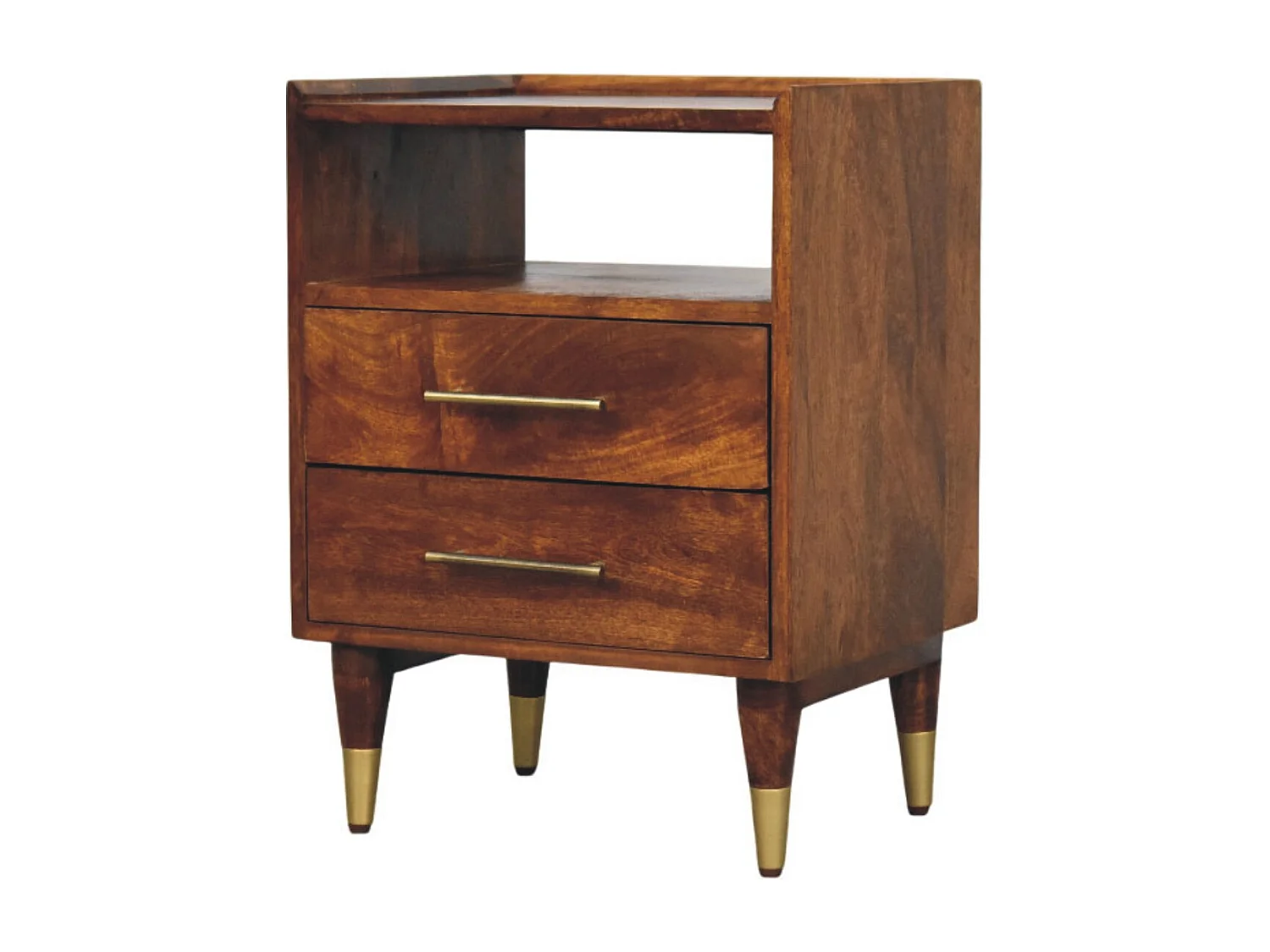 Artisan Furniture Nachttisch Valencia mit offenem Rahmen aus massivem Mangoholz, 2 Schubladen, 1 offenes Regal, braun