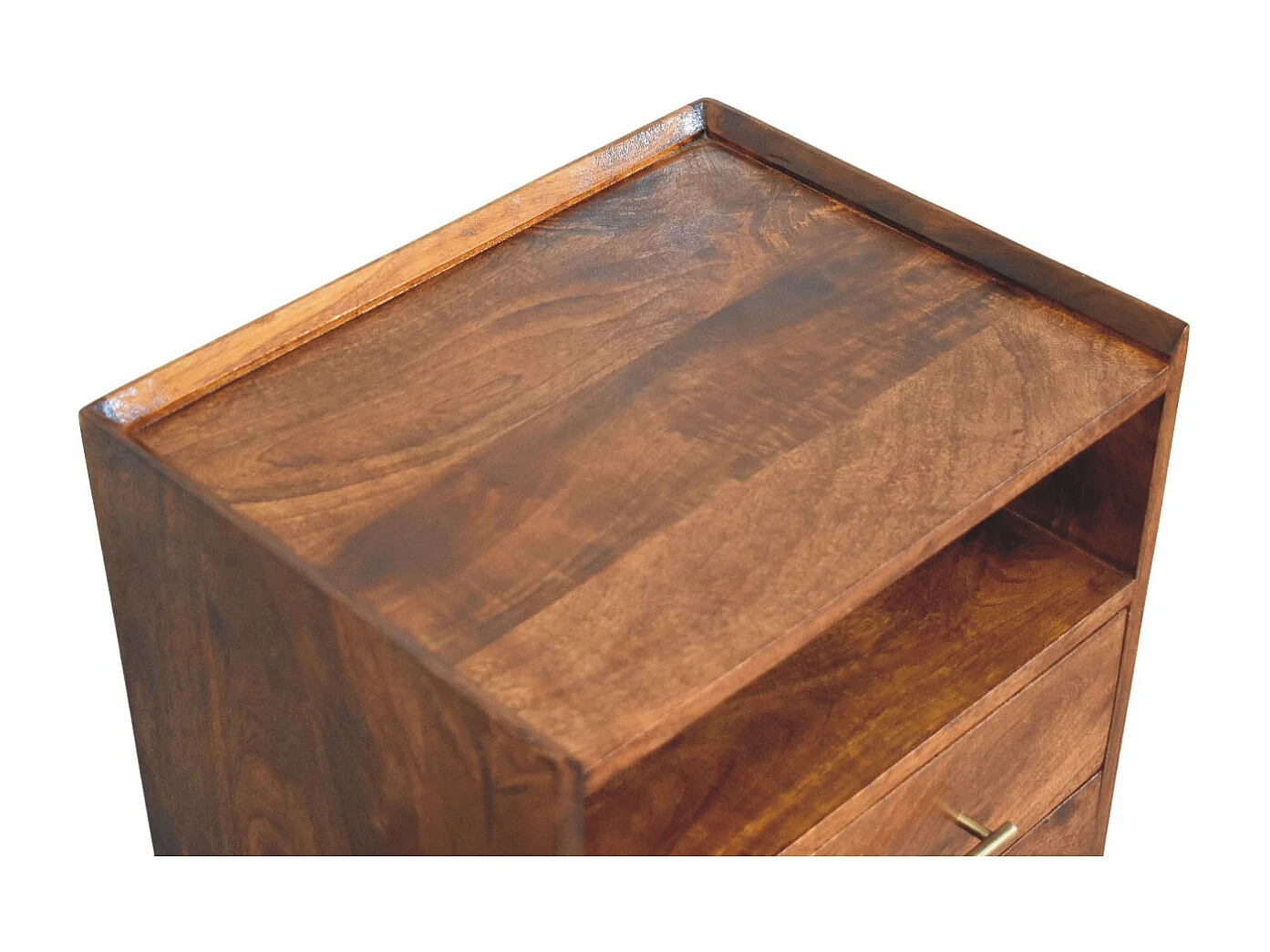 Artisan Furniture Nachttisch Valencia mit offenem Rahmen aus massivem Mangoholz, 2 Schubladen, 1 offenes Regal, braun