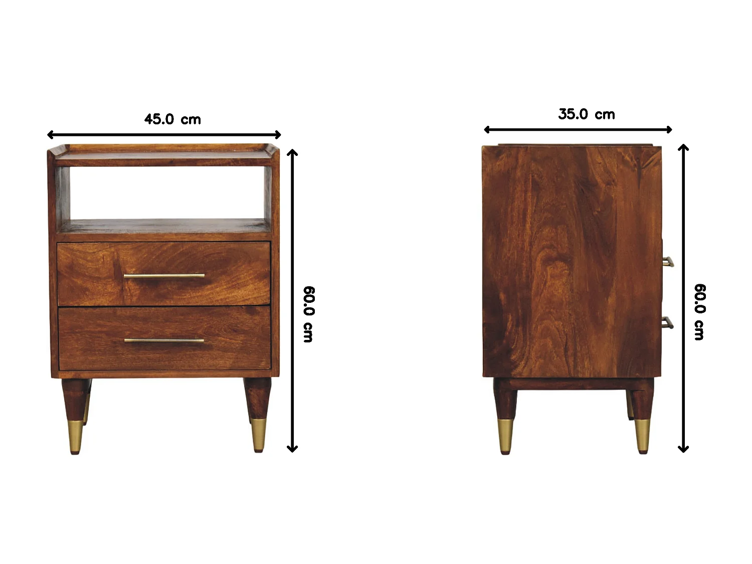 Artisan Furniture Nachttisch Valencia mit offenem Rahmen aus massivem Mangoholz, 2 Schubladen, 1 offenes Regal, braun