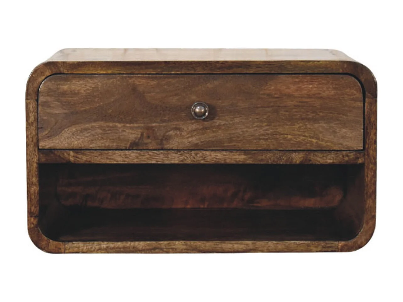 Artisan Furniture Table de chevet à bords arrondis en bois massif de manguier, 1 tiroir, 1 niche ouverte, marron ton chaud