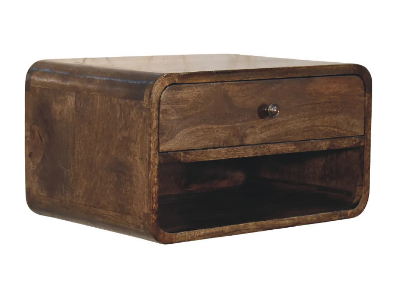 Artisan Furniture Table de chevet à bords arrondis en bois massif de manguier, 1 tiroir, 1 niche ouverte, marron ton chaud