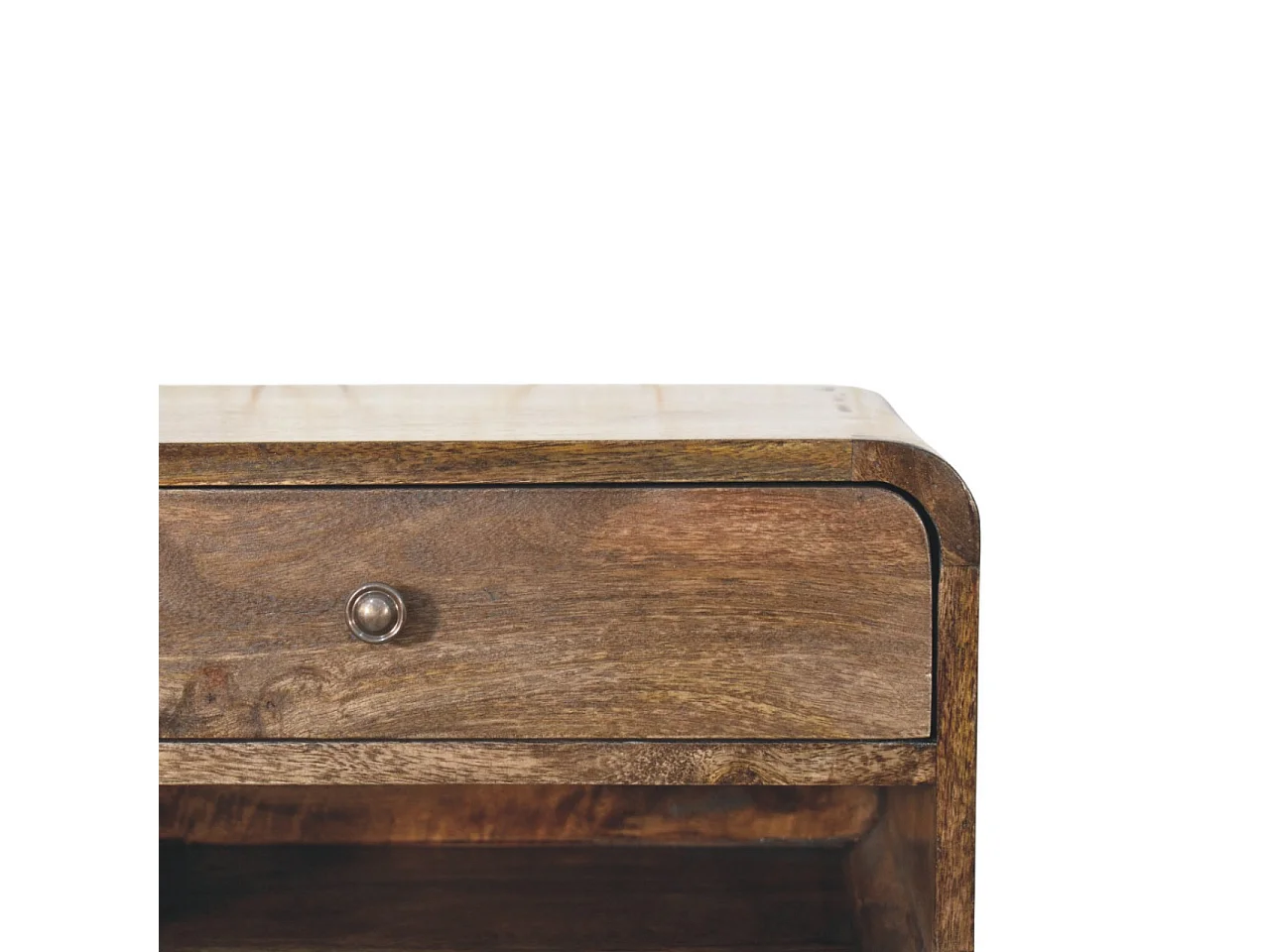 Artisan Furniture Table de chevet à bords arrondis en bois massif de manguier, 1 tiroir, 1 niche ouverte, marron ton chaud