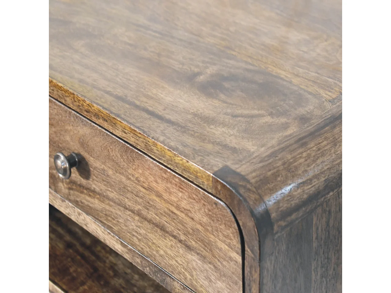 Artisan Furniture Table de chevet à bords arrondis en bois massif de manguier, 1 tiroir, 1 niche ouverte, marron ton chaud