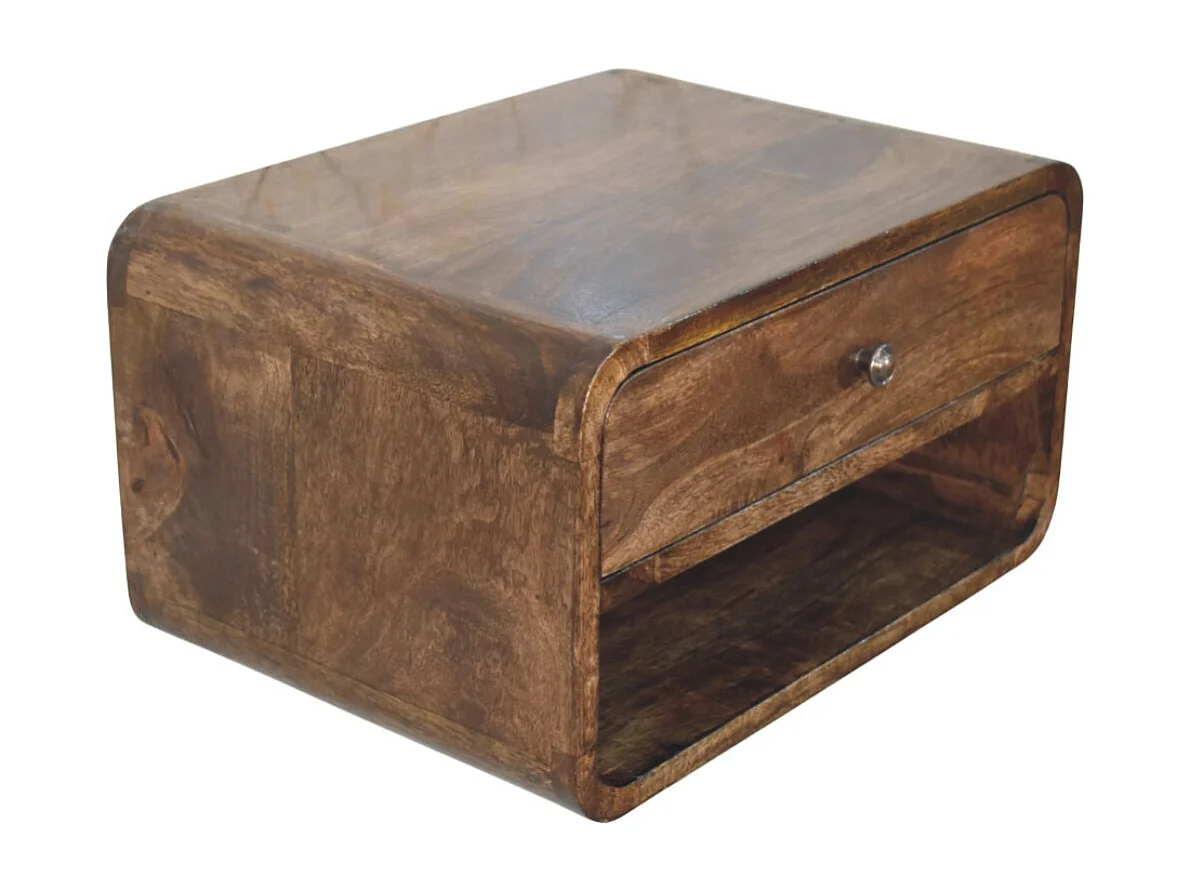 Artisan Furniture Table de chevet à bords arrondis en bois massif de manguier, 1 tiroir, 1 niche ouverte, marron ton chaud