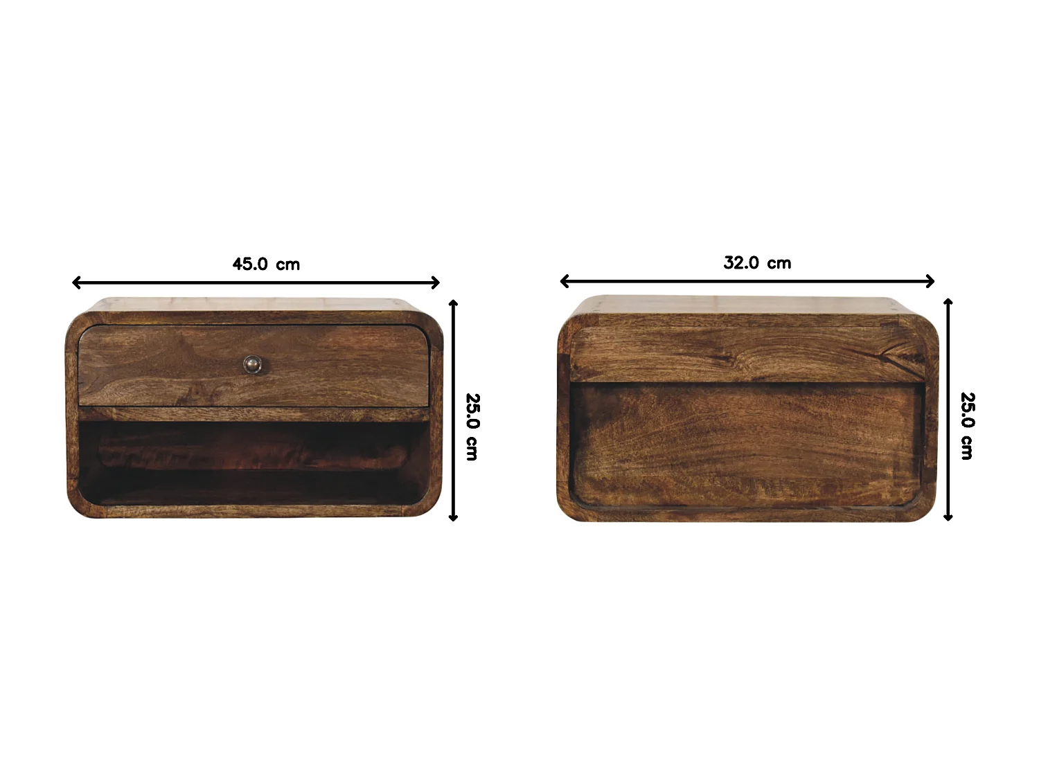 Artisan Furniture Table de chevet à bords arrondis en bois massif de manguier, 1 tiroir, 1 niche ouverte, marron ton chaud