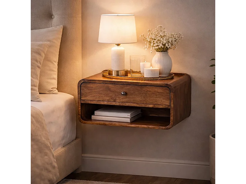 Artisan Furniture Table de chevet à bords arrondis en bois massif de manguier, 1 tiroir, 1 niche ouverte, marron ton chaud