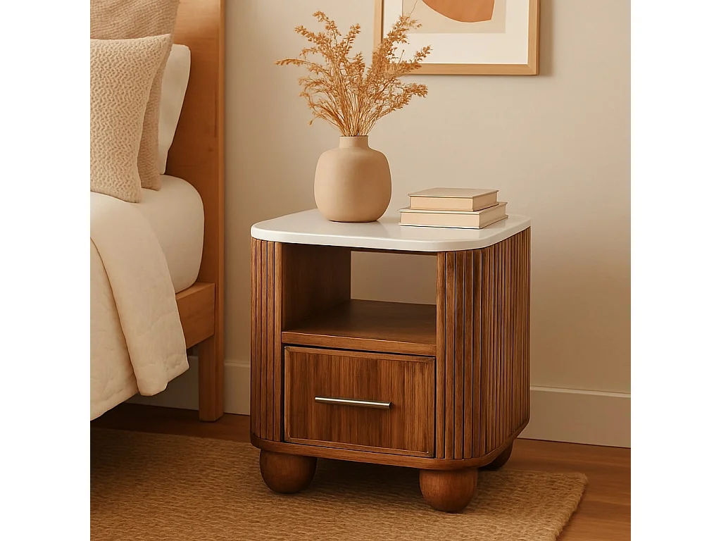 Artisan Furniture Nachttisch Beaumont aus massivem Mangoholz mit Marmorplatte, 1 Schublade, 1 offenes Fach, braun und weiß