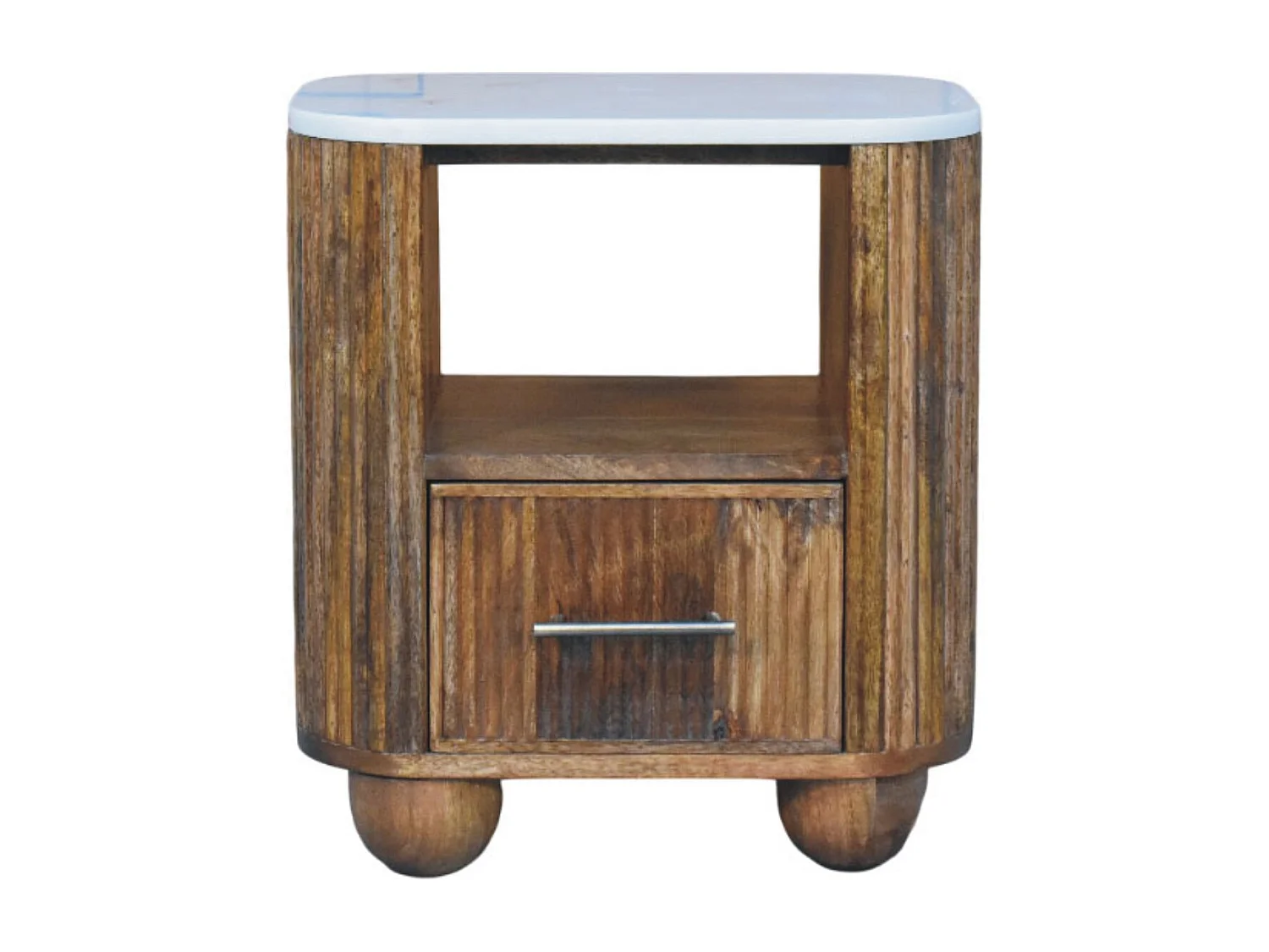 Artisan Furniture Nachttisch Beaumont aus massivem Mangoholz mit Marmorplatte, 1 Schublade, 1 offenes Fach, braun und weiß