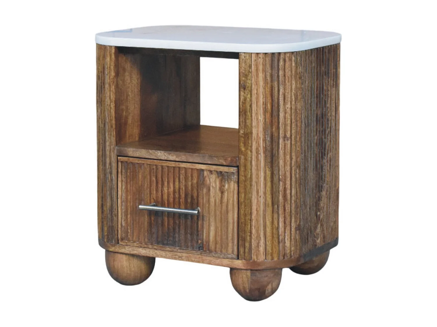 Artisan Furniture Nachttisch Beaumont aus massivem Mangoholz mit Marmorplatte, 1 Schublade, 1 offenes Fach, braun und weiß