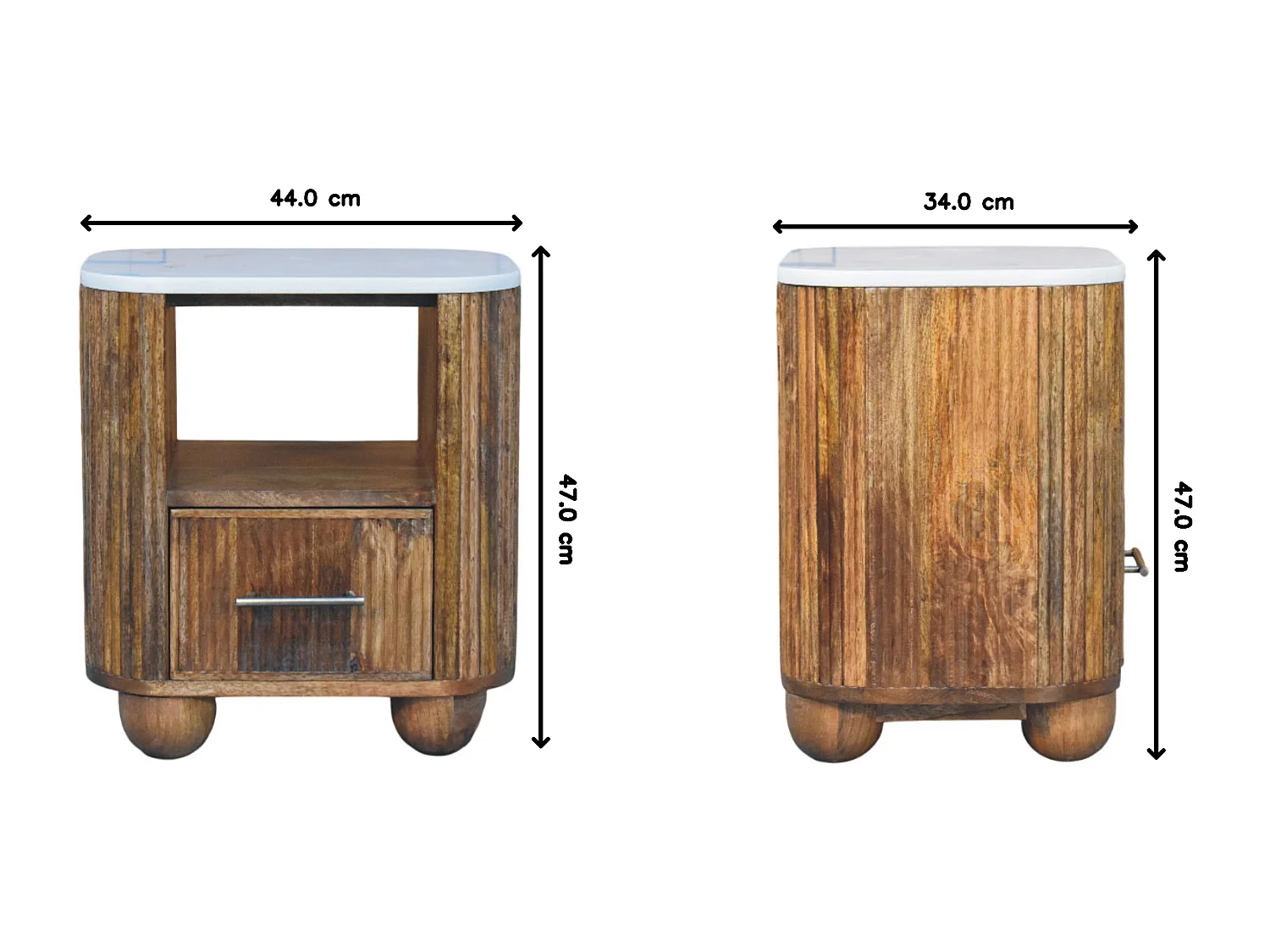 Artisan Furniture Nachttisch Beaumont aus massivem Mangoholz mit Marmorplatte, 1 Schublade, 1 offenes Fach, braun und weiß