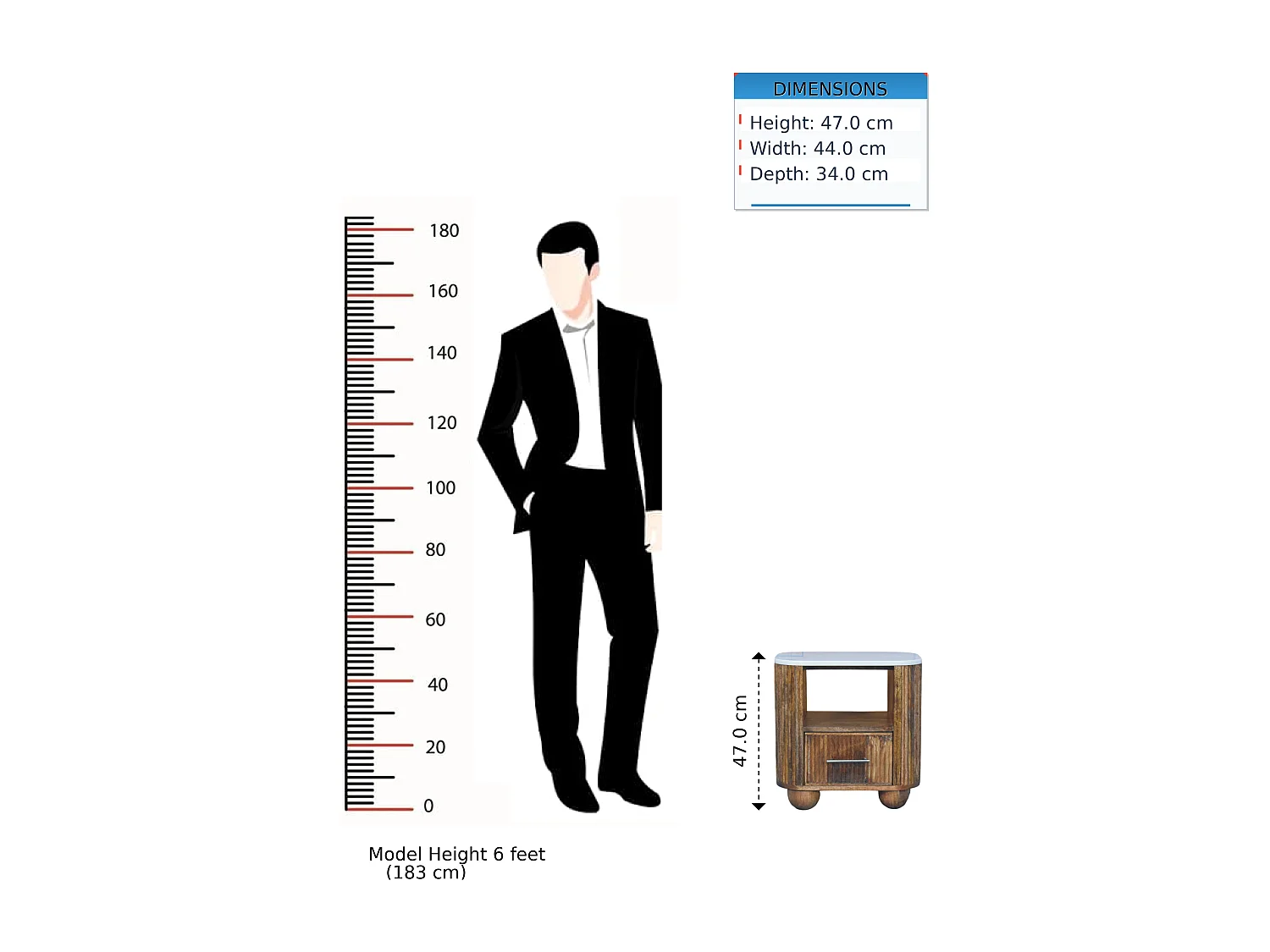 Artisan Furniture Nachttisch Beaumont aus massivem Mangoholz mit Marmorplatte, 1 Schublade, 1 offenes Fach, braun und weiß
