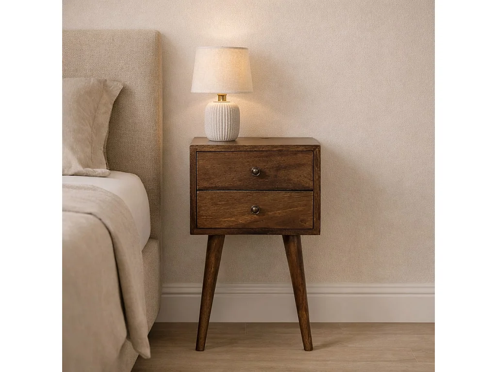 Artisan Furniture Table de chevet Nordic à 2 tiroirs en bois massif de manguier, gris classique, marron torréfié