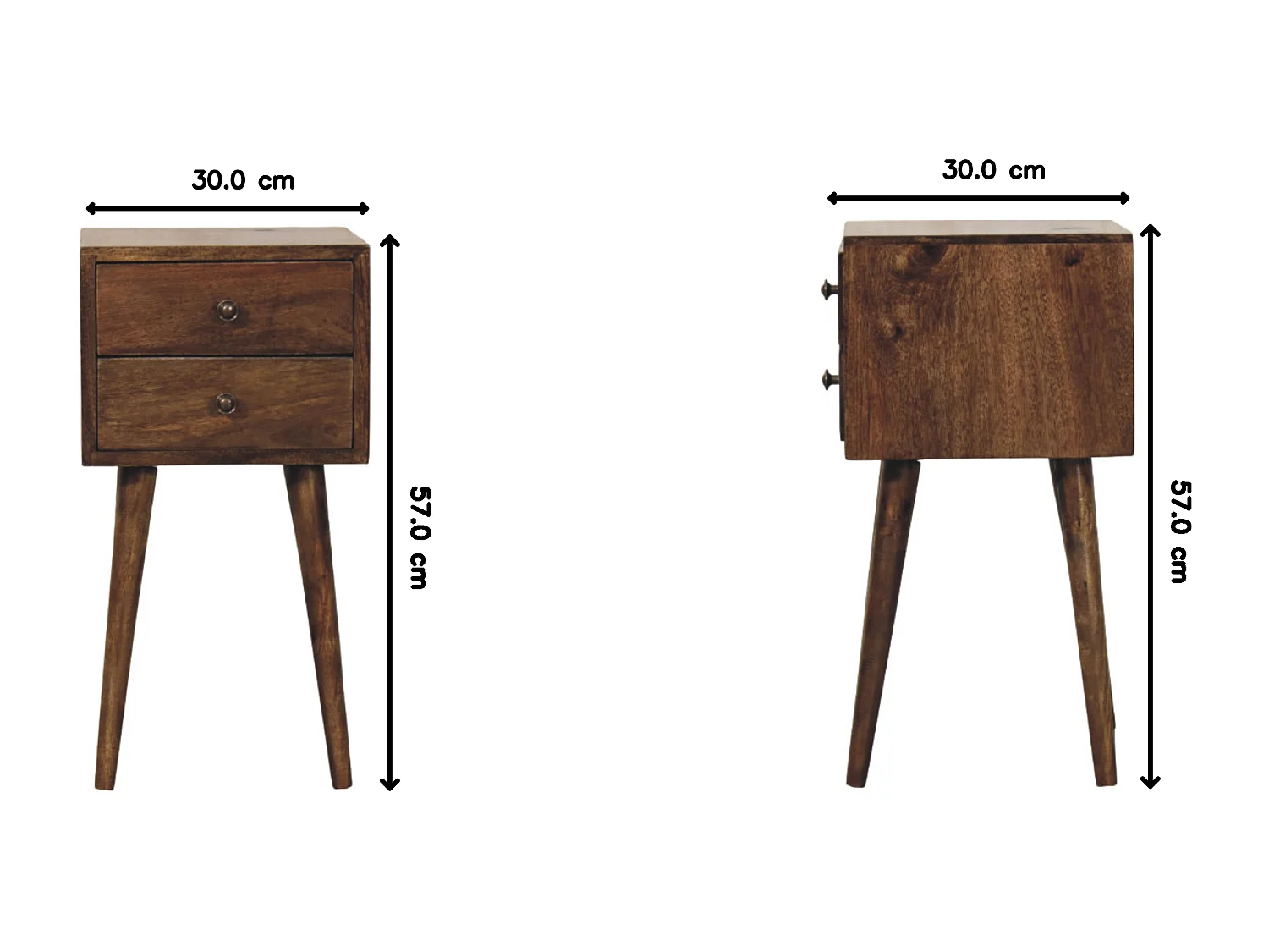 Artisan Furniture Table de chevet Nordic à 2 tiroirs en bois massif de manguier, gris classique, marron torréfié