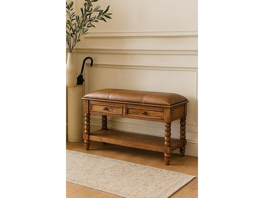 Artisan Furniture Banc Leunler à barreaux, bois massif, 2 tiroirs et 1 étagère, brun chaud