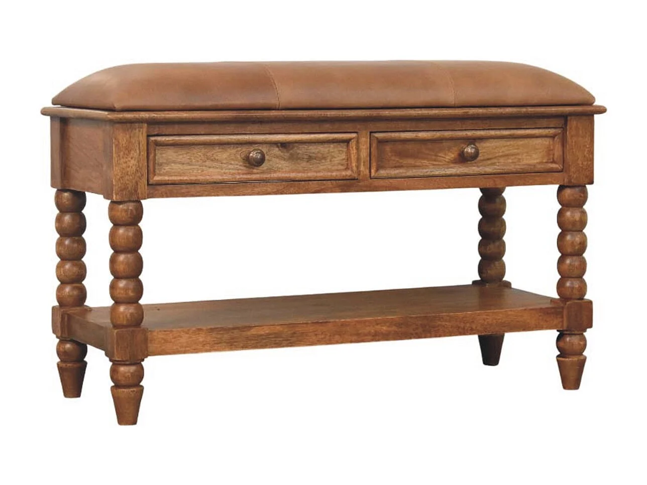 Artisan Furniture Banc Leunler à barreaux, bois massif, 2 tiroirs et 1 étagère, brun chaud