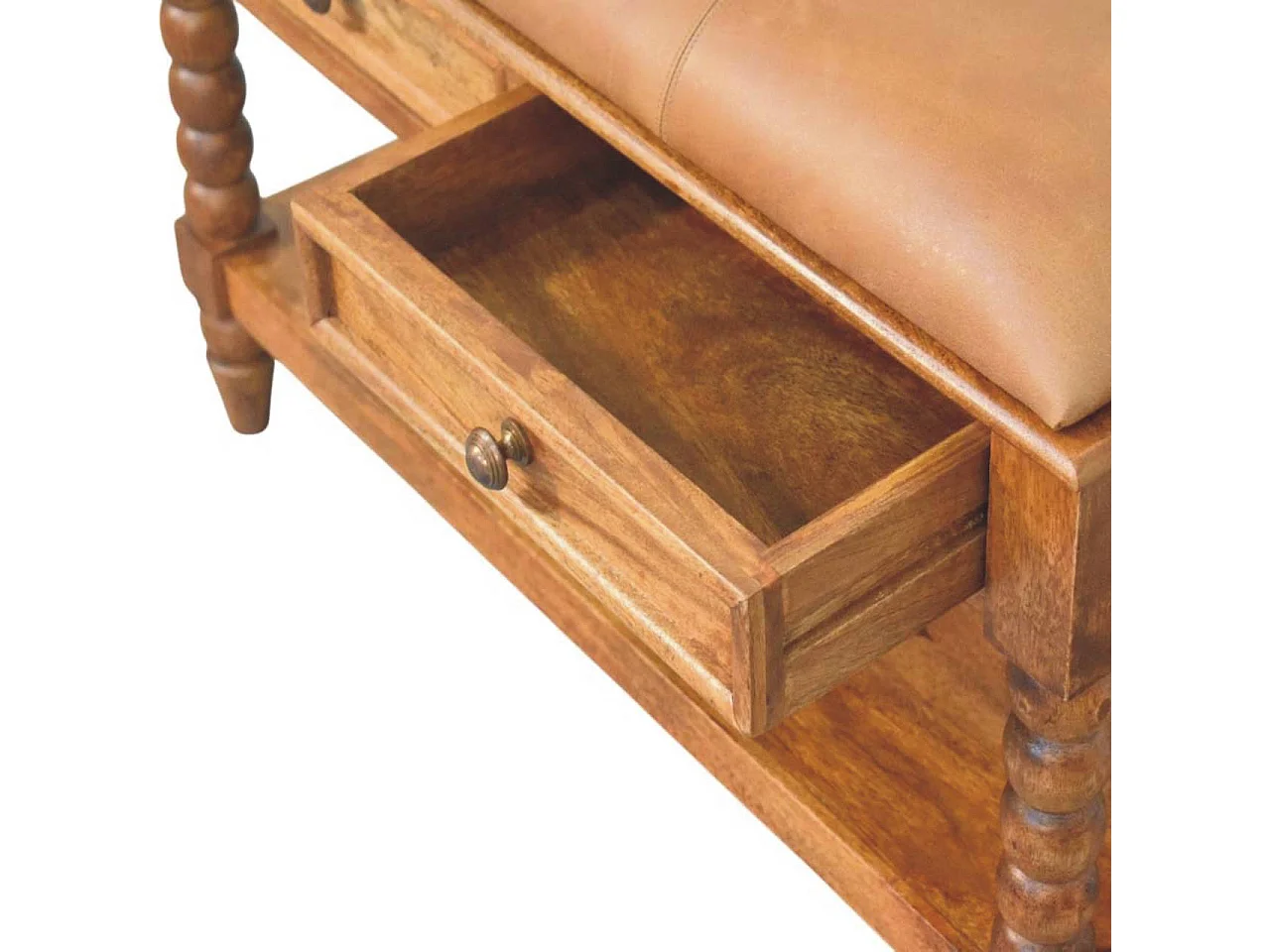 Artisan Furniture Banc Leunler à barreaux, bois massif, 2 tiroirs et 1 étagère, brun chaud