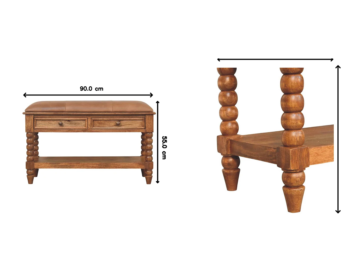 Artisan Furniture Banc Leunler à barreaux, bois massif, 2 tiroirs et 1 étagère, brun chaud