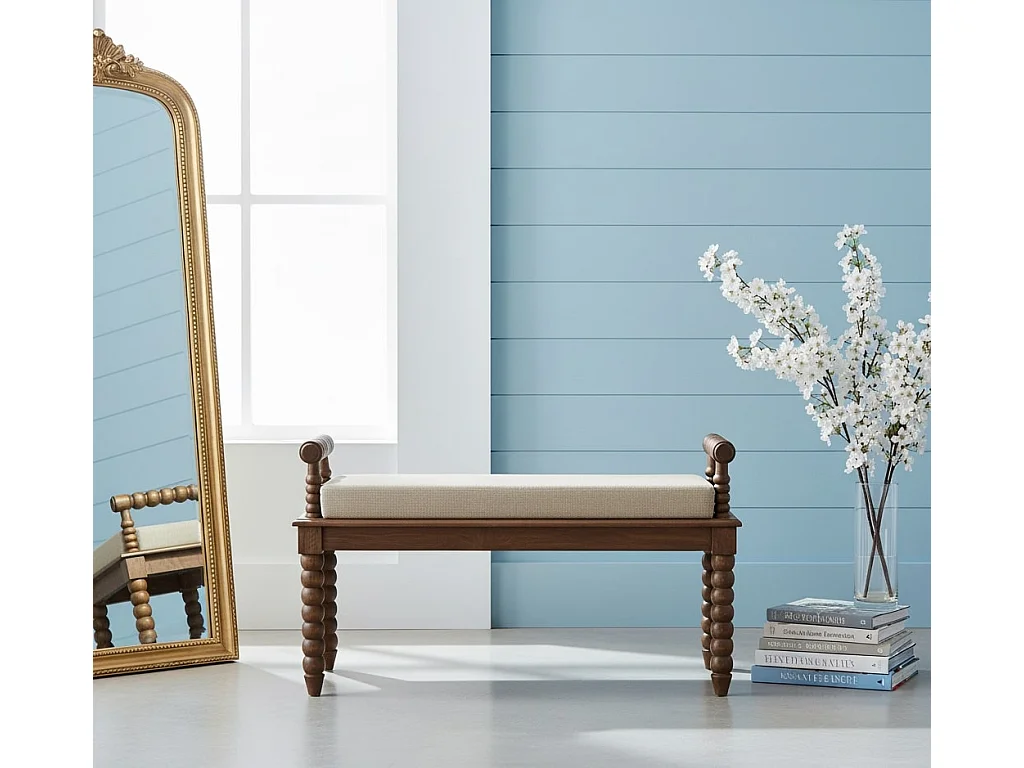 Artisan Furniture Bank Spindle Amber Linen, massief hout, chocoladebruin, gestoffeerde zitting in modderkleurig linnen