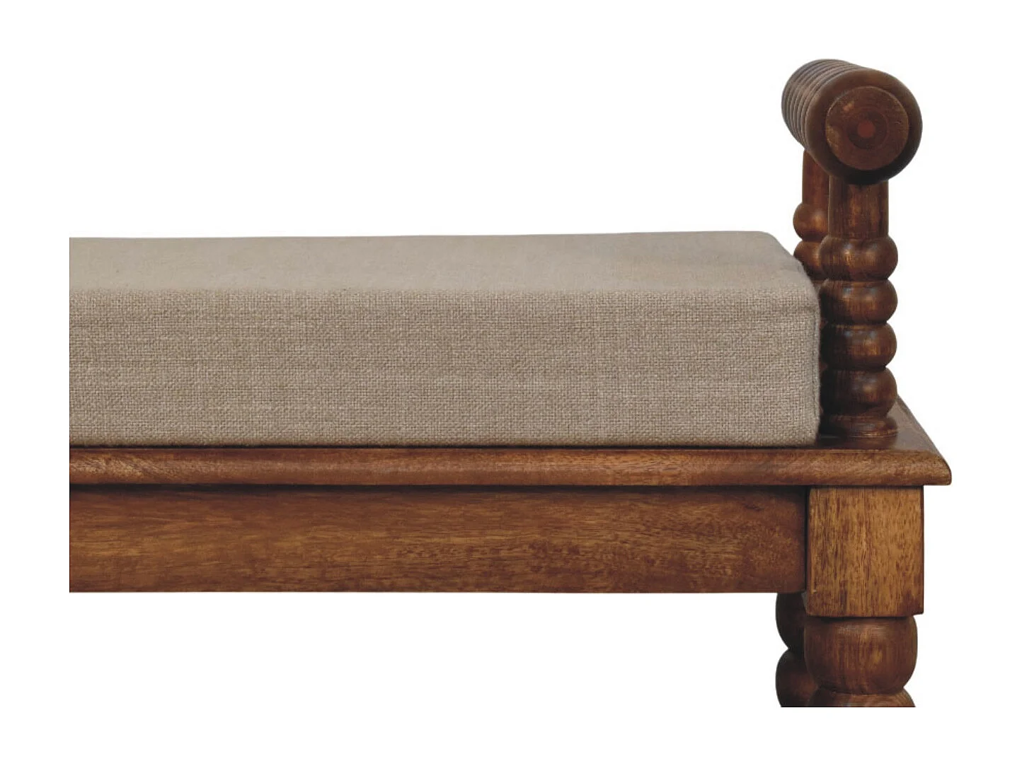 Artisan Furniture Bank Spindle Amber Linen, massief hout, chocoladebruin, gestoffeerde zitting in modderkleurig linnen