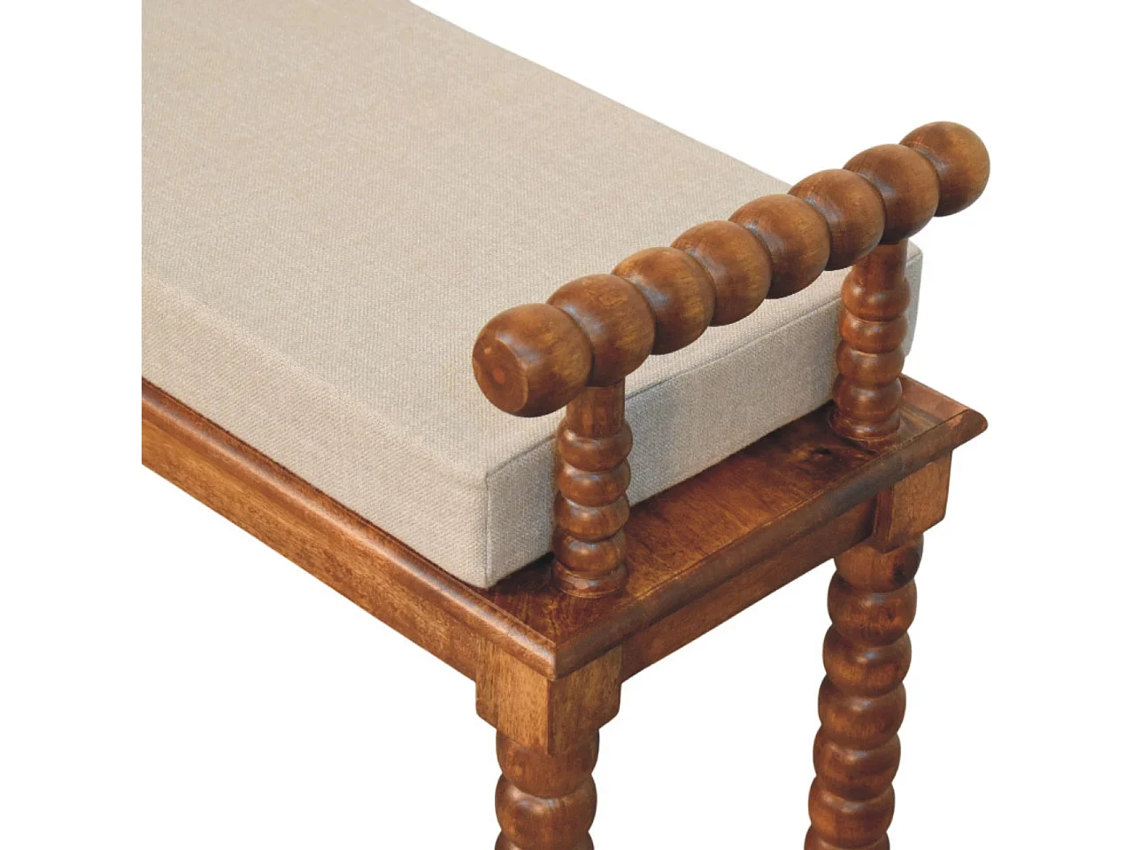 Artisan Furniture Bank Spindle Amber Linen, massief hout, chocoladebruin, gestoffeerde zitting in modderkleurig linnen