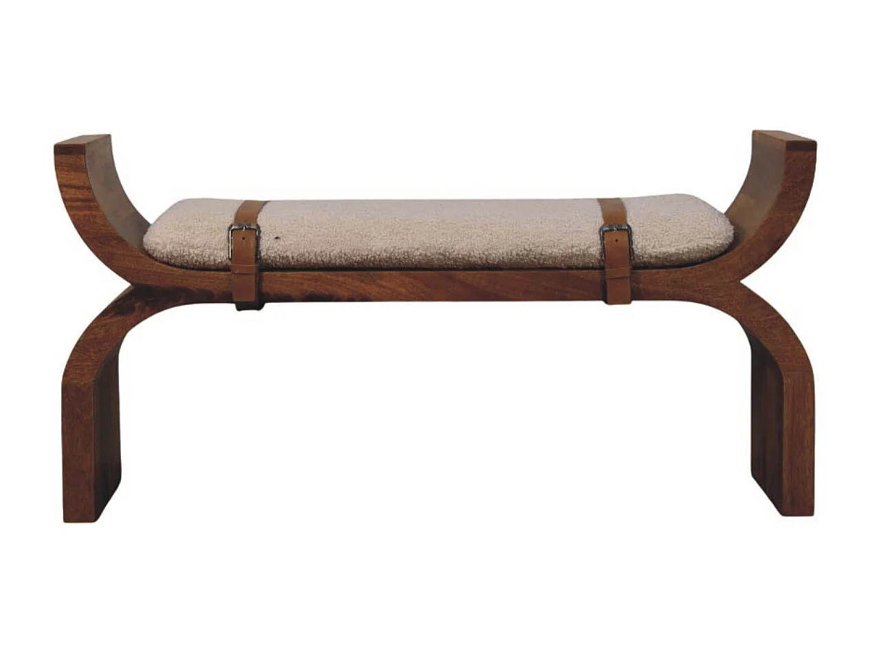 Artisan Furniture Banc Stirrup Curve, bois massif, brun chocolat, ceinture en cuir, assise bouclée moelleuse