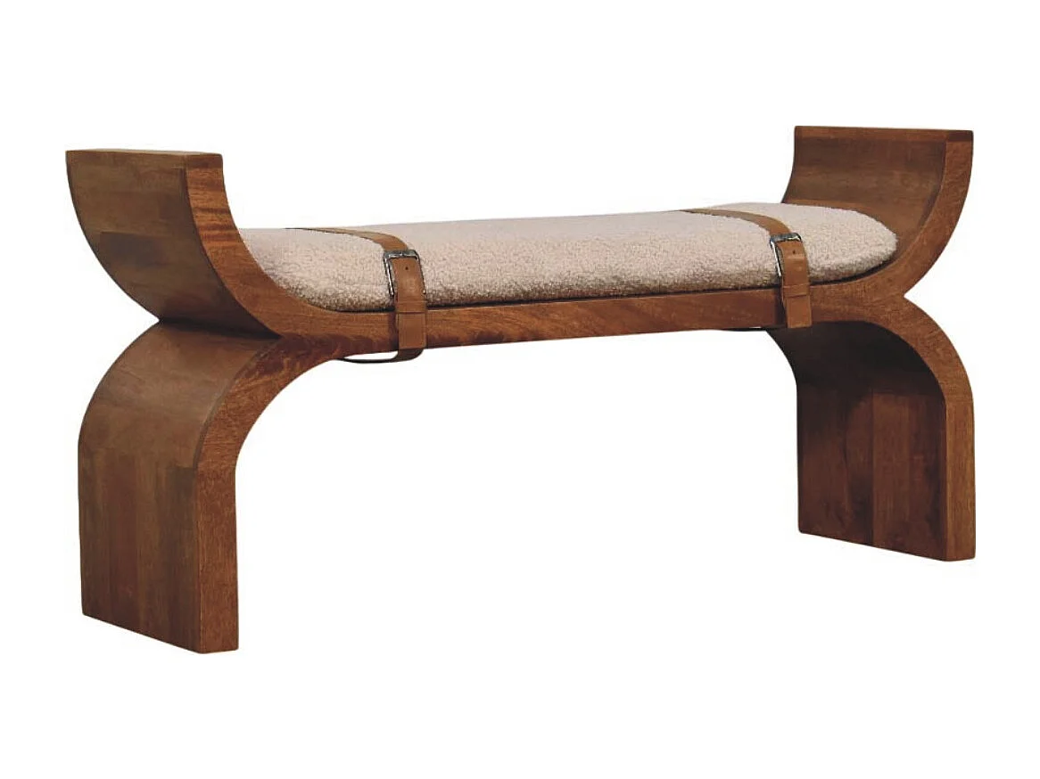 Artisan Furniture Banc Stirrup Curve, bois massif, brun chocolat, ceinture en cuir, assise bouclée moelleuse