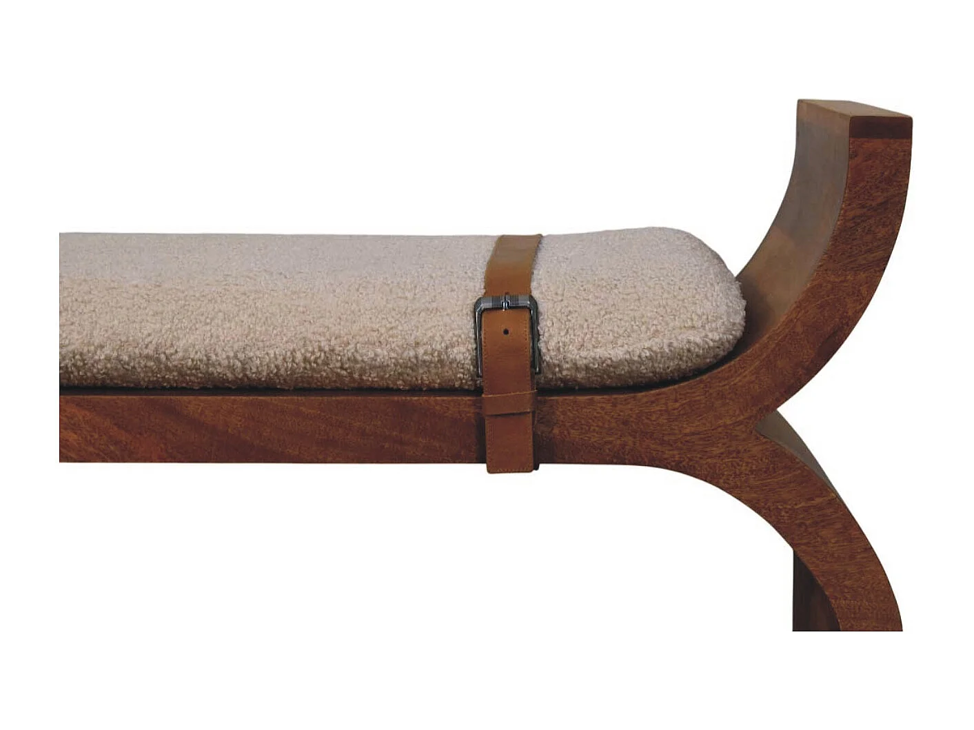 Artisan Furniture Banc Stirrup Curve, bois massif, brun chocolat, ceinture en cuir, assise bouclée moelleuse