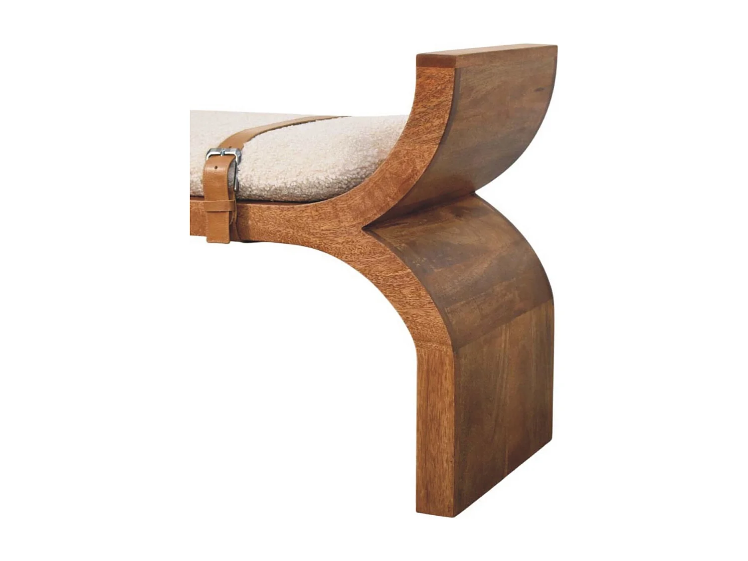 Artisan Furniture Banc Stirrup Curve, bois massif, brun chocolat, ceinture en cuir, assise bouclée moelleuse