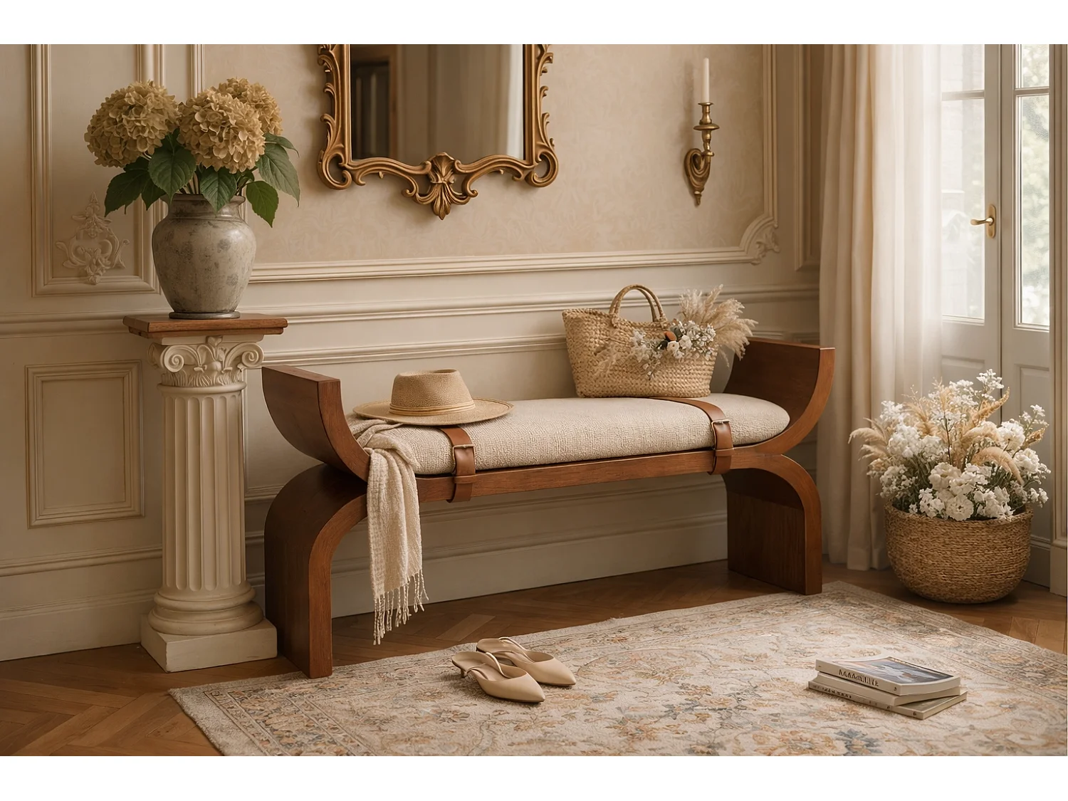 Artisan Furniture Banc Stirrup Curve, bois massif, brun chocolat, ceinture en cuir, assise bouclée moelleuse