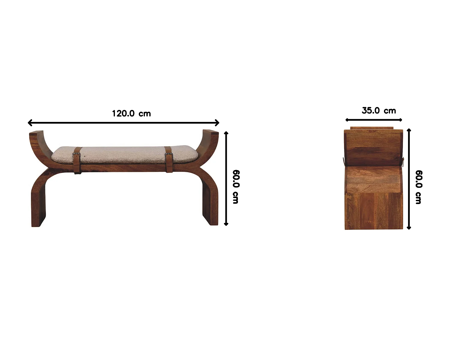 Artisan Furniture Banc Stirrup Curve, bois massif, brun chocolat, ceinture en cuir, assise bouclée moelleuse