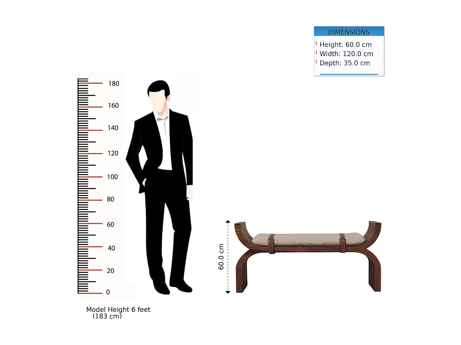 Artisan Furniture Banc Stirrup Curve, bois massif, brun chocolat, ceinture en cuir, assise bouclée moelleuse