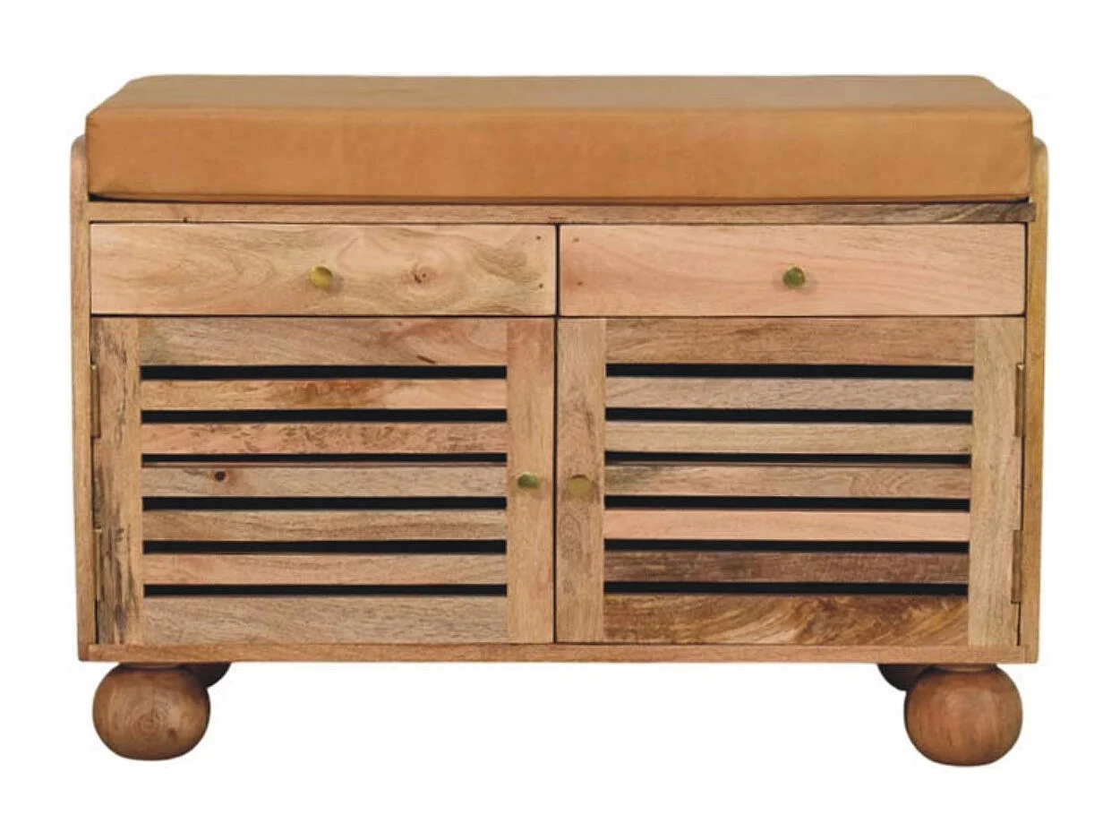 Artisan Furniture Meuble à chaussures Shutter Oak-ish, bois massif, 2 tiroirs, 4 étagères, 2 portes et assise rembourrée en cuir, brun chaud