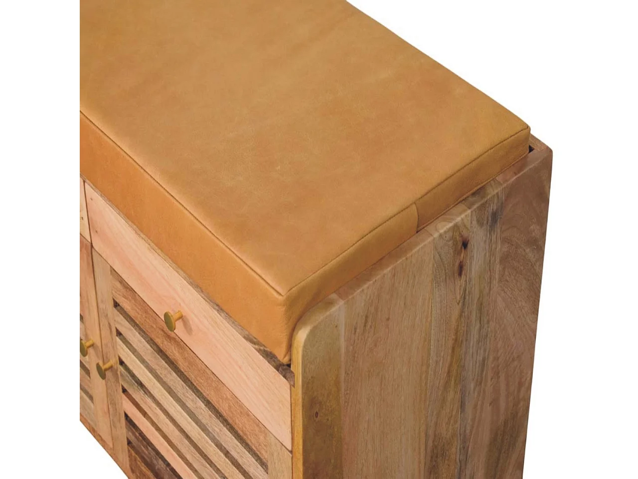 Artisan Furniture Meuble à chaussures Shutter Oak-ish, bois massif, 2 tiroirs, 4 étagères, 2 portes et assise rembourrée en cuir, brun chaud