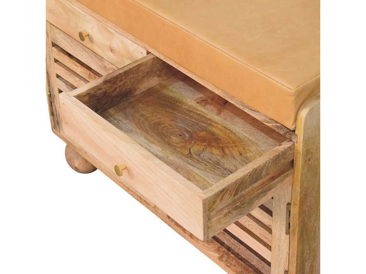 Artisan Furniture Meuble à chaussures Shutter Oak-ish, bois massif, 2 tiroirs, 4 étagères, 2 portes et assise rembourrée en cuir, brun chaud