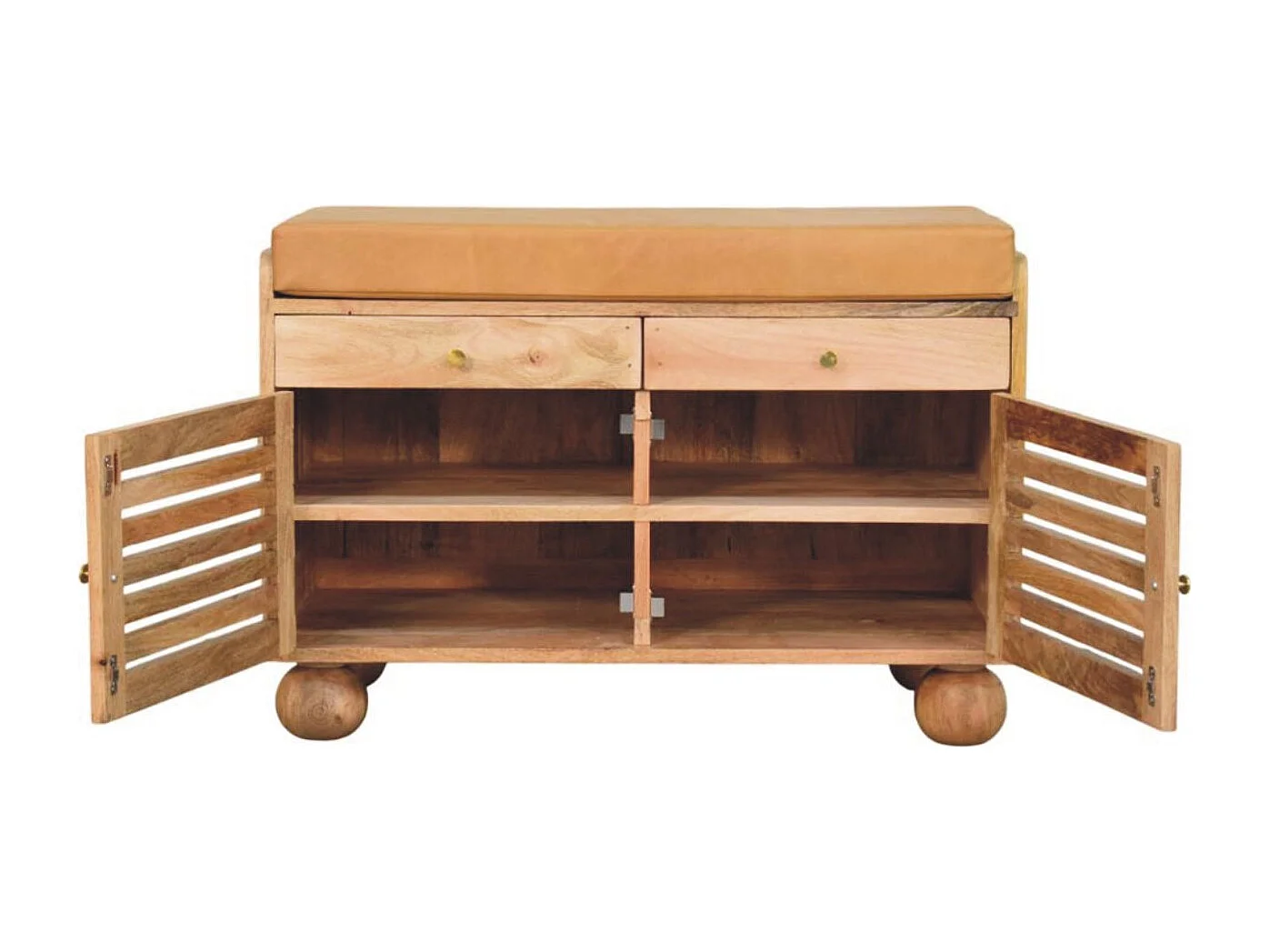 Artisan Furniture Meuble à chaussures Shutter Oak-ish, bois massif, 2 tiroirs, 4 étagères, 2 portes et assise rembourrée en cuir, brun chaud