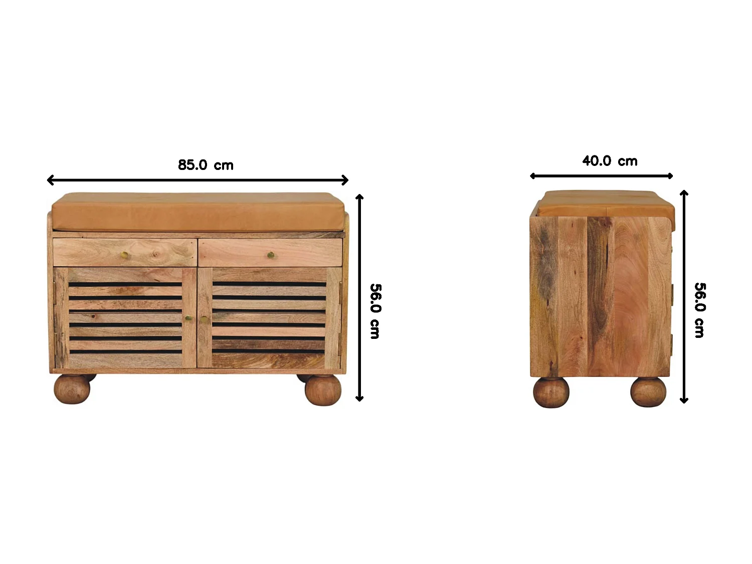 Artisan Furniture Meuble à chaussures Shutter Oak-ish, bois massif, 2 tiroirs, 4 étagères, 2 portes et assise rembourrée en cuir, brun chaud