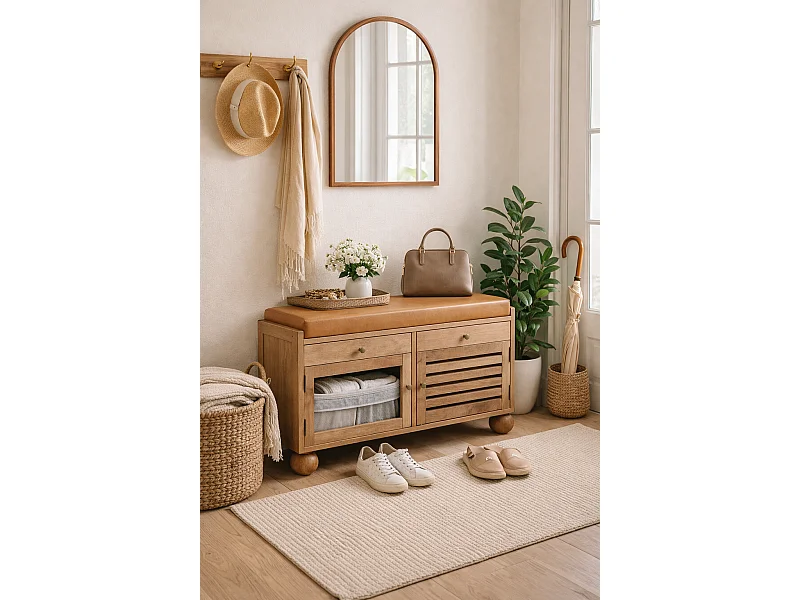 Artisan Furniture Meuble à chaussures Shutter Oak-ish, bois massif, 2 tiroirs, 4 étagères, 2 portes et assise rembourrée en cuir, brun chaud