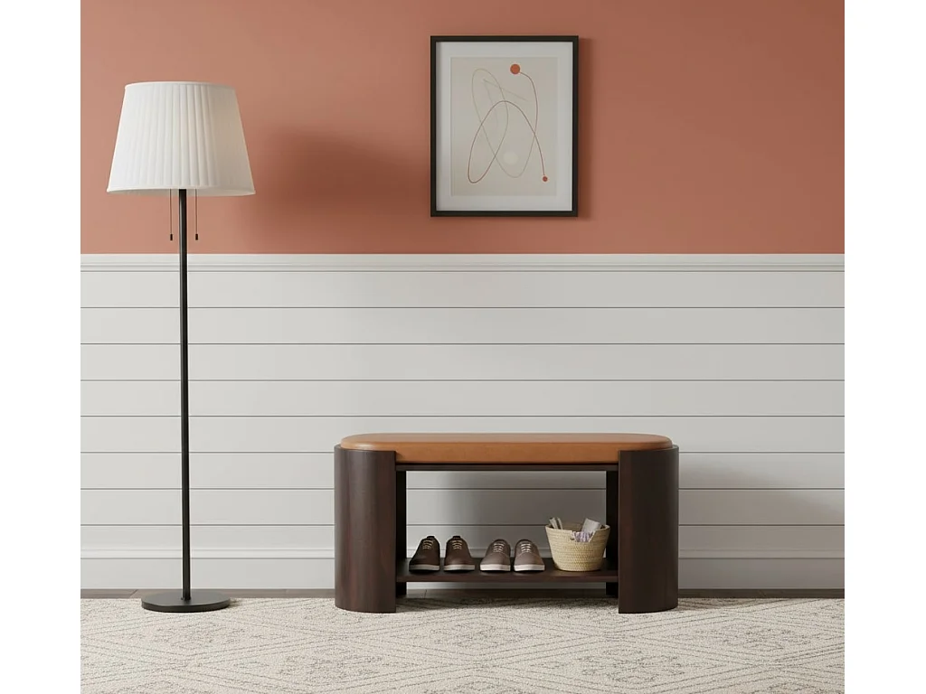 Artisan Furniture Banc à chaussures Valencia en cuir, bois massif, brun chocolat, assise lisse en cuir véritable rembourré à la main, 1 étagère