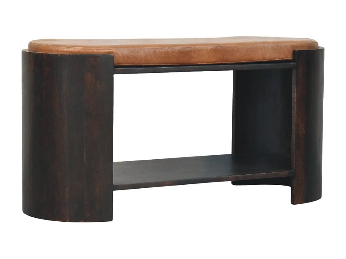 Artisan Furniture Banc à chaussures Valencia en cuir, bois massif, brun chocolat, assise lisse en cuir véritable rembourré à la main, 1 étagère